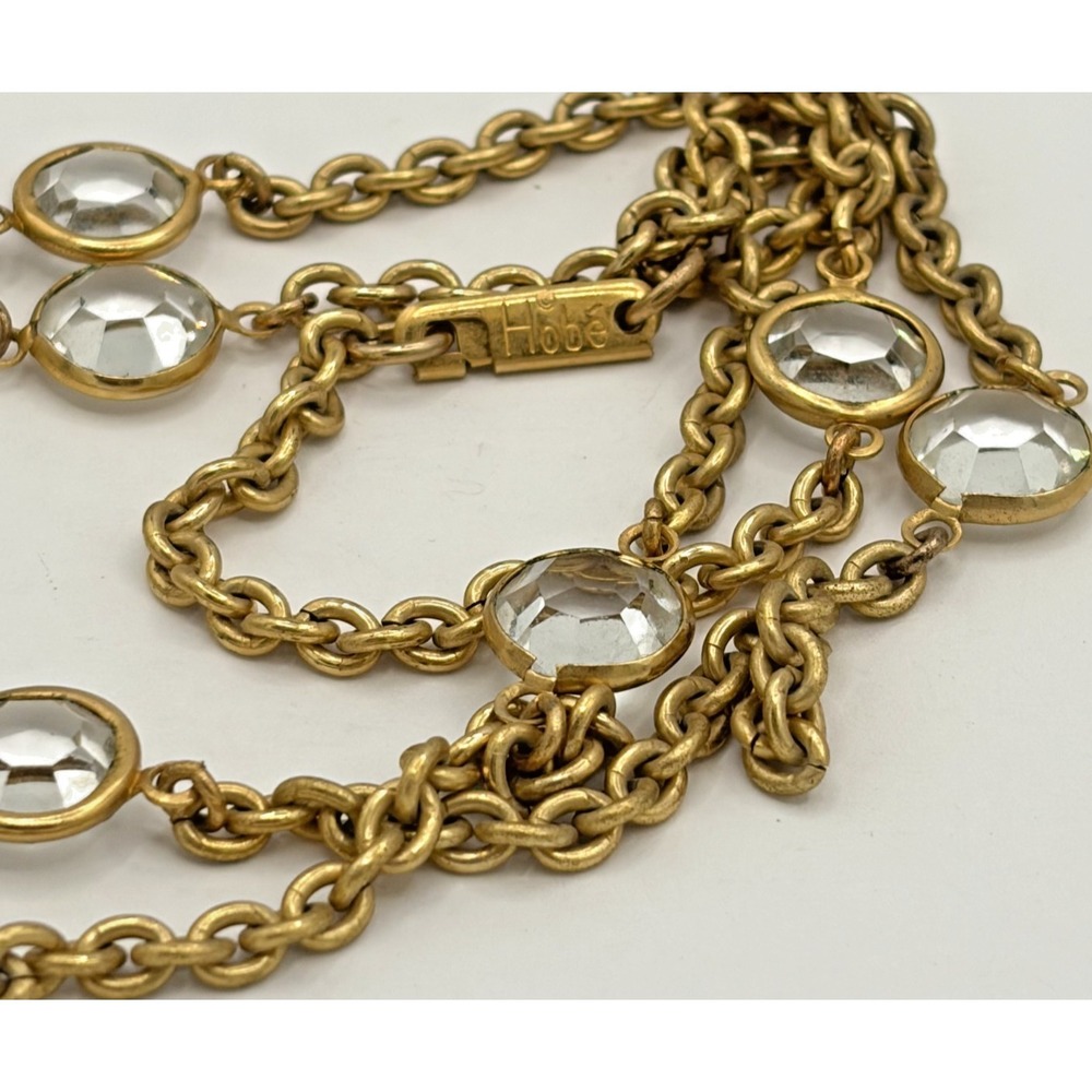 Vintage Hobé Gold Tone Clear Crystal Rhinestone Station Chain Necklace 24"